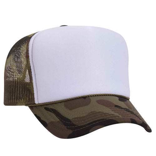 A white baseball cap with a camouflage pattern on the brim.