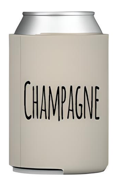 A beige insulated can with the word "CHAMPAGNE" printed on it in black text.