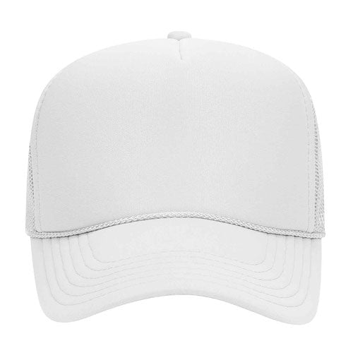 A plain white baseball cap with a mesh panel on the front.