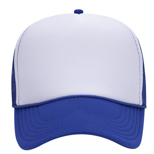 A white and blue baseball cap with a blue trim.