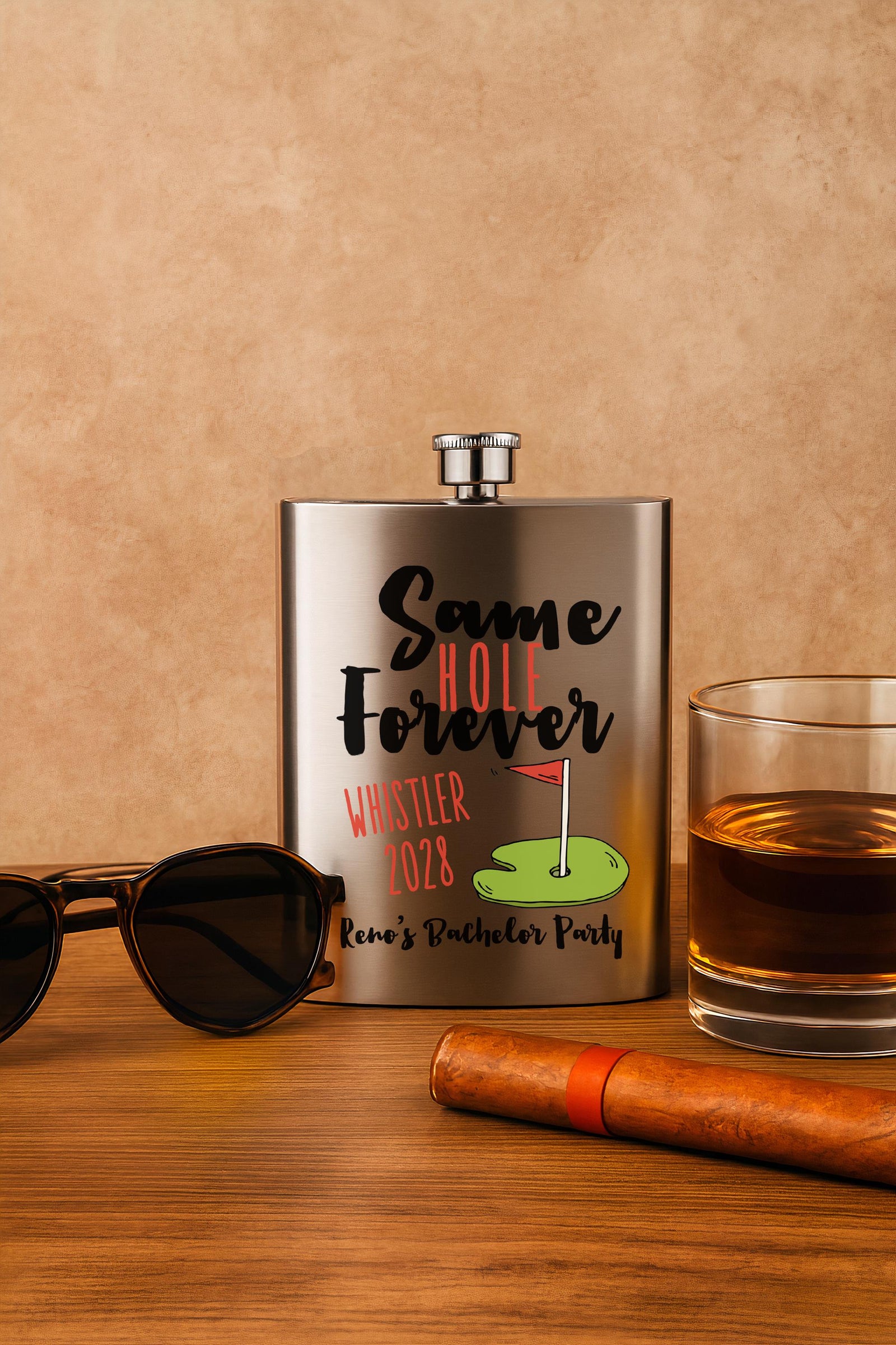 Personalized Flask | Custom Same Hole Forever Stainless Steel Flask - Bachelor Golf Trip