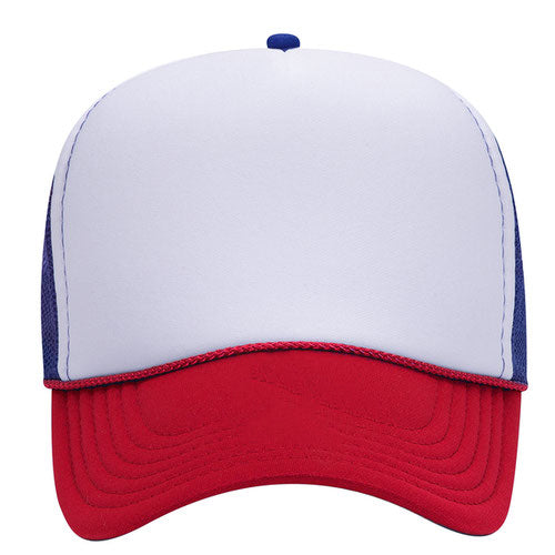 A white and red baseball cap with a red brim.
