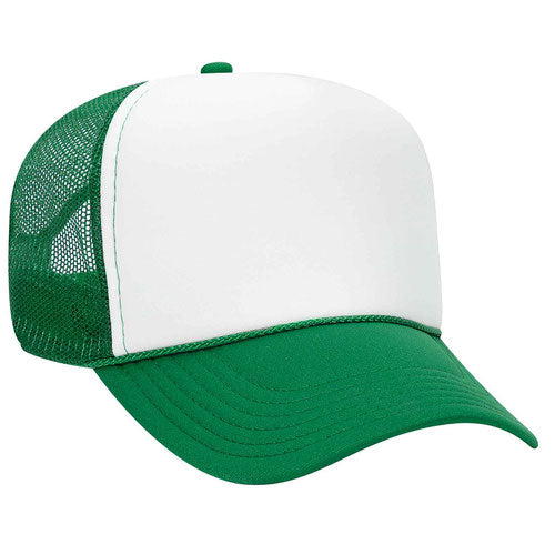 A white and green baseball cap with a mesh panel on the side.