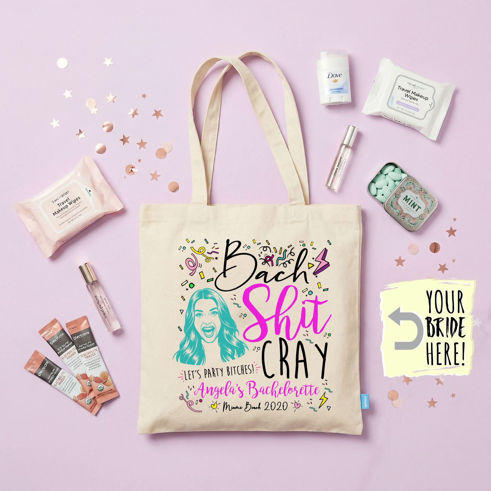 Personalized Bachelorette Party Tote Bag | Custom Photo Tote Bags | Bach Shit Cray