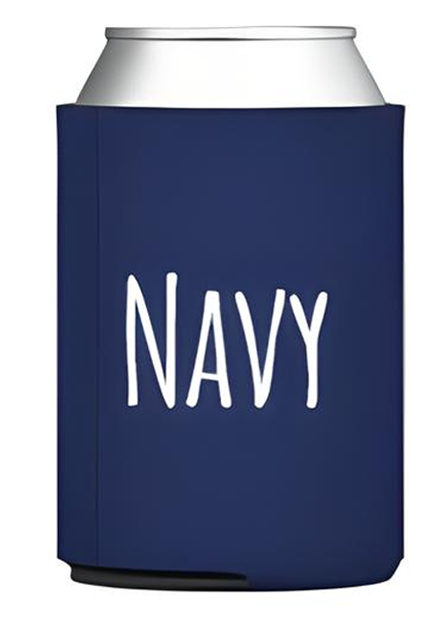 A navy blue insulated can with the word "NAVY" printed on it in white text.