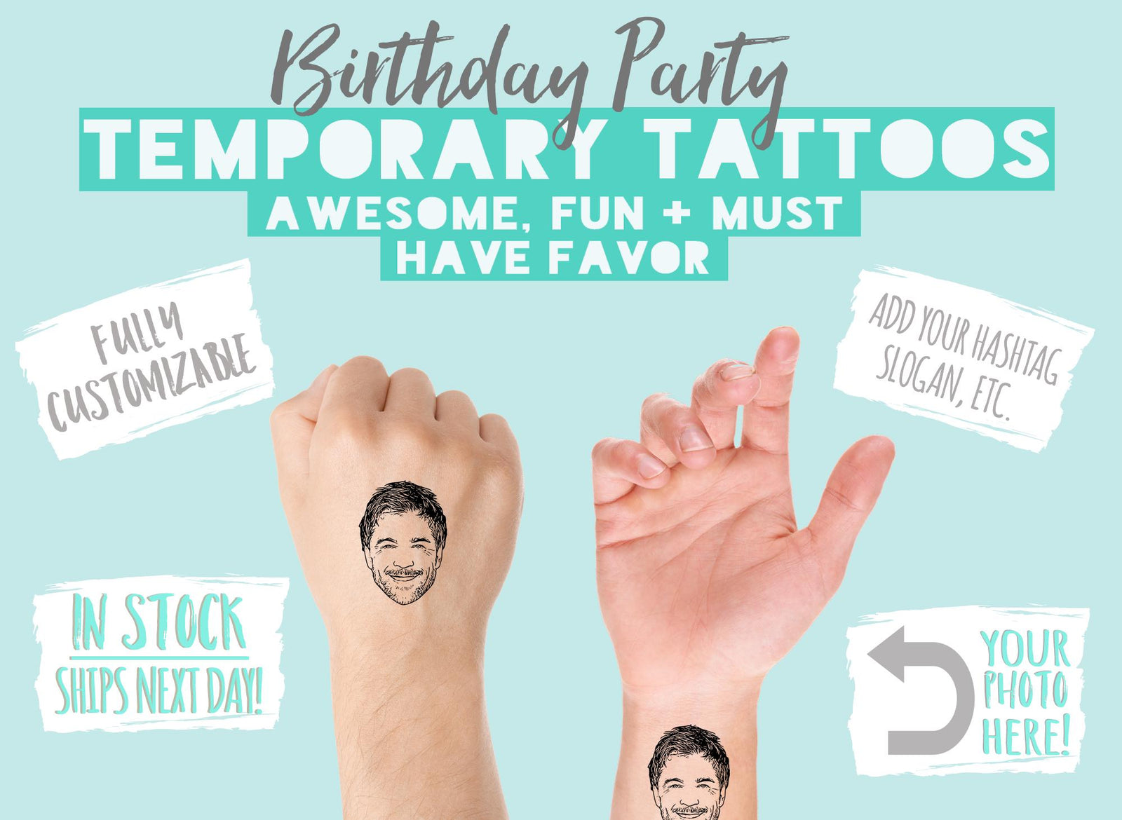 Custom Caricature Tattoos - Personalized Temporary Tattoos For Birthday Party Favors