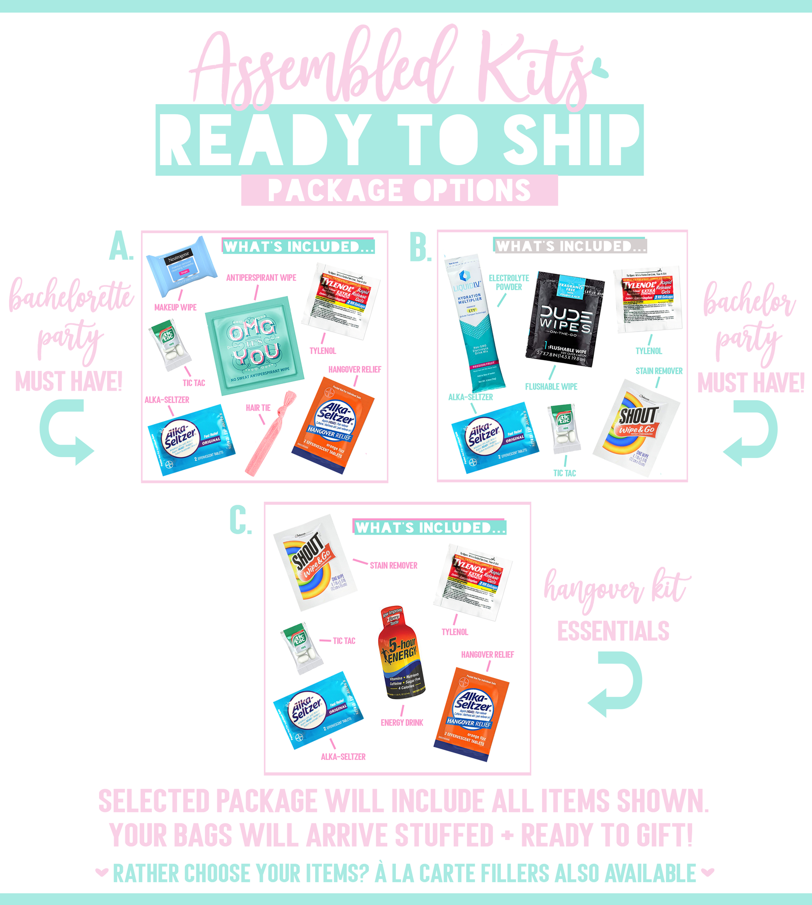 The image is a collage of three images, each depicting a different package option for a bachelorette party. The packages include items such as toiletries, alcohol wipes, and other essentials.