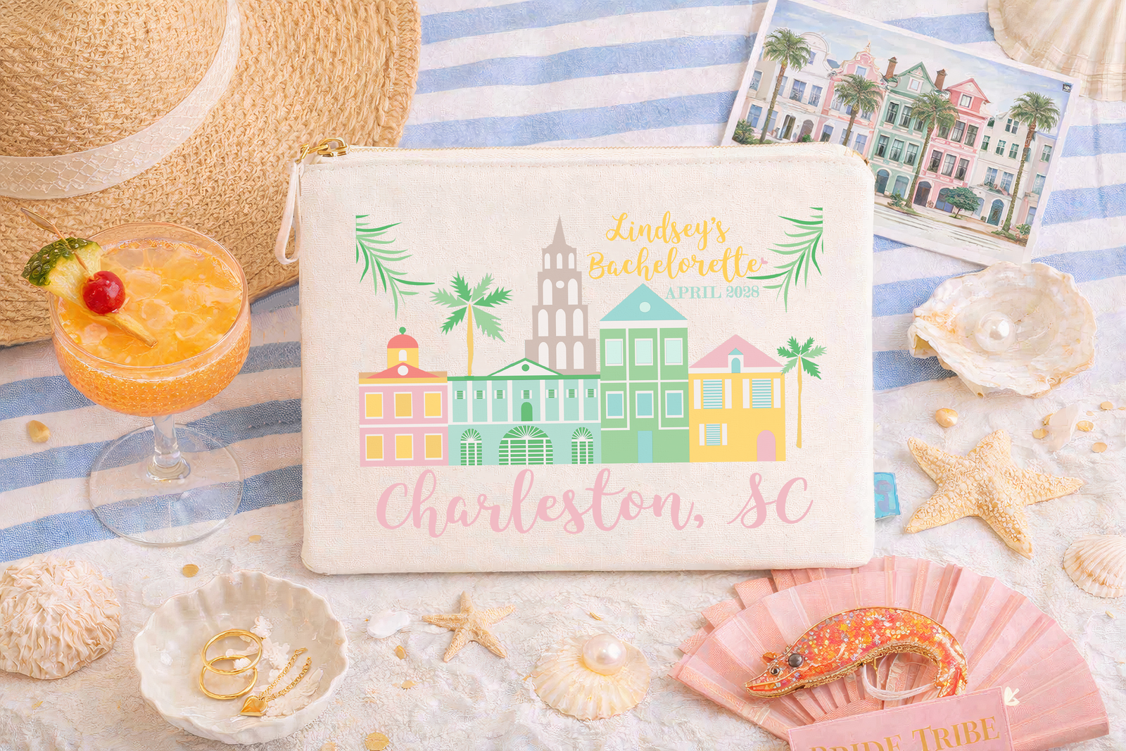 Charleston Personalized Canvas Makeup Bag for Bachelorette Parties by Ilu.Lily
