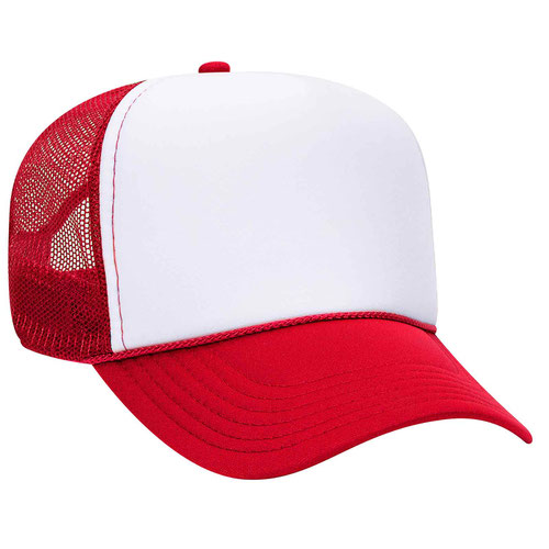 A red and white baseball cap with a mesh panel on the side.