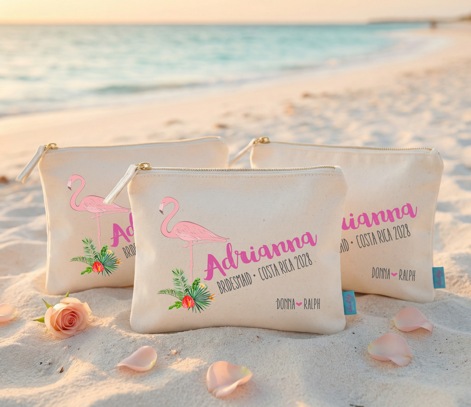Flamingo Personalized Canvas Makeup Bag for Brides by Ilu.Lily