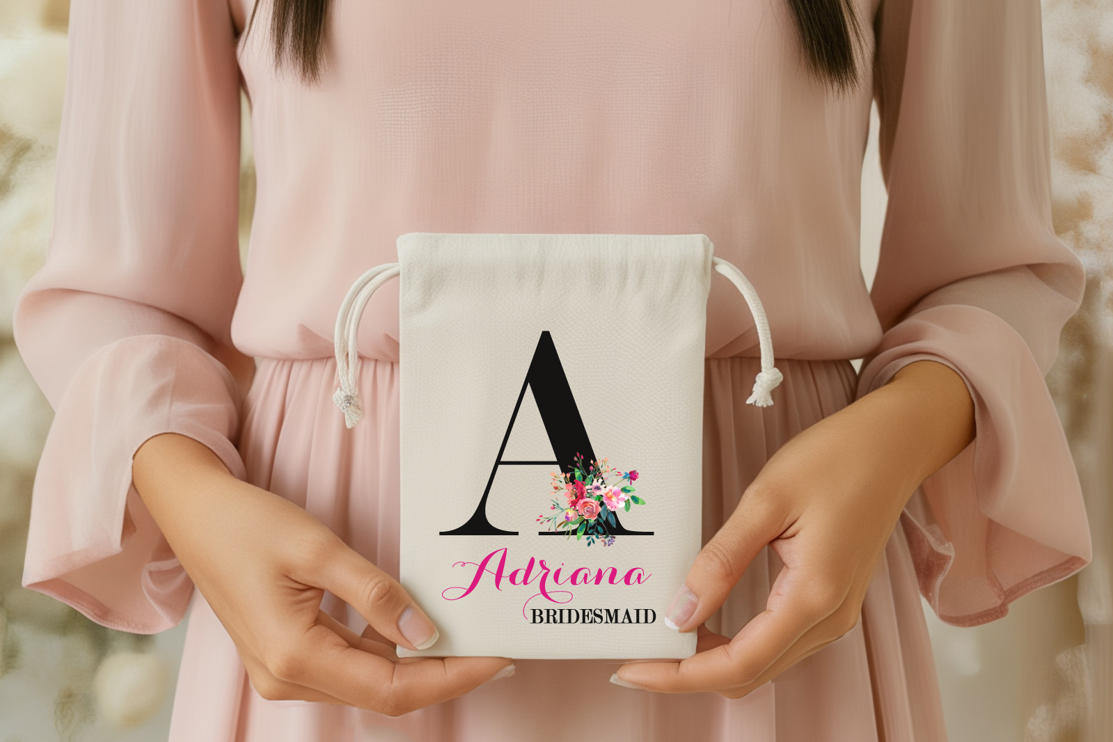 Bridesmaid Personalized Favor Bag | Floral Initial Personalized