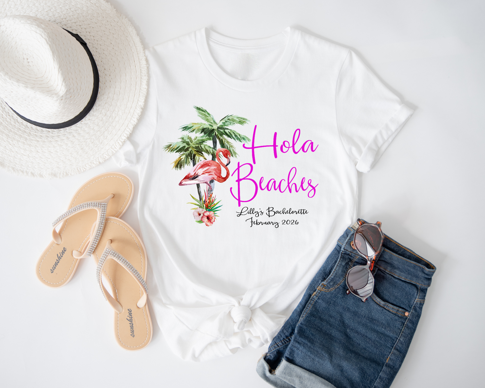 Bachelorette Party Matching T-Shirts | Beach Destination Bachelorette | Pretty Flamingo Hola Beaches