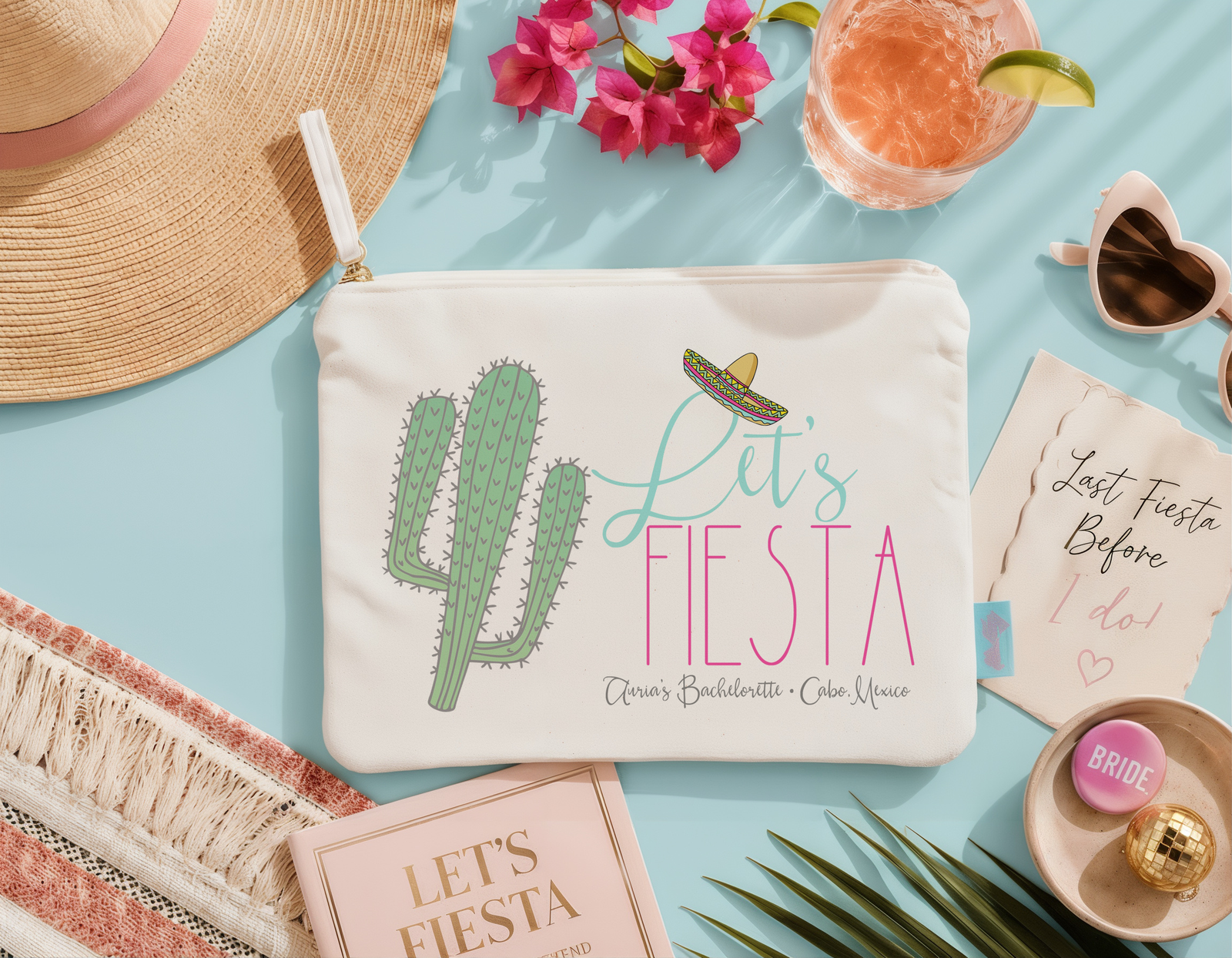 Fiesta Personalized Canvas Makeup Bag for Bachelorette Parties by Ilu.Lily