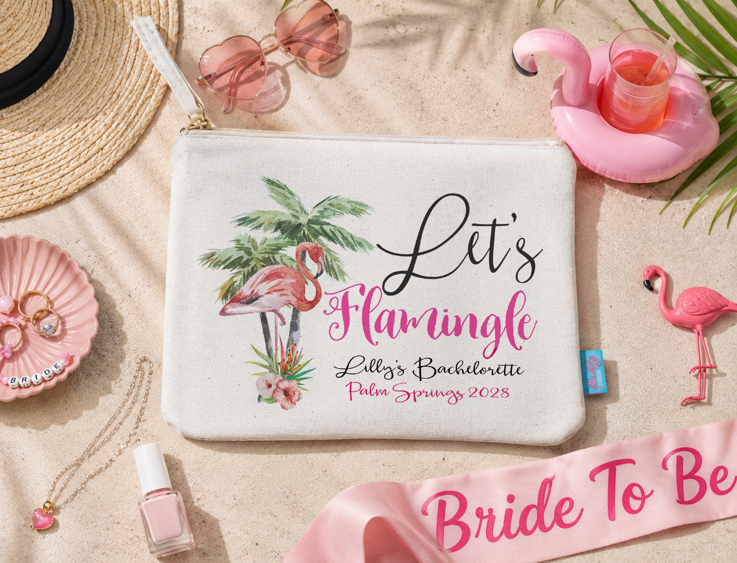 Flamingo Personalized Canvas Makeup Bag for Bachelorette Parties by Ilu.Lily