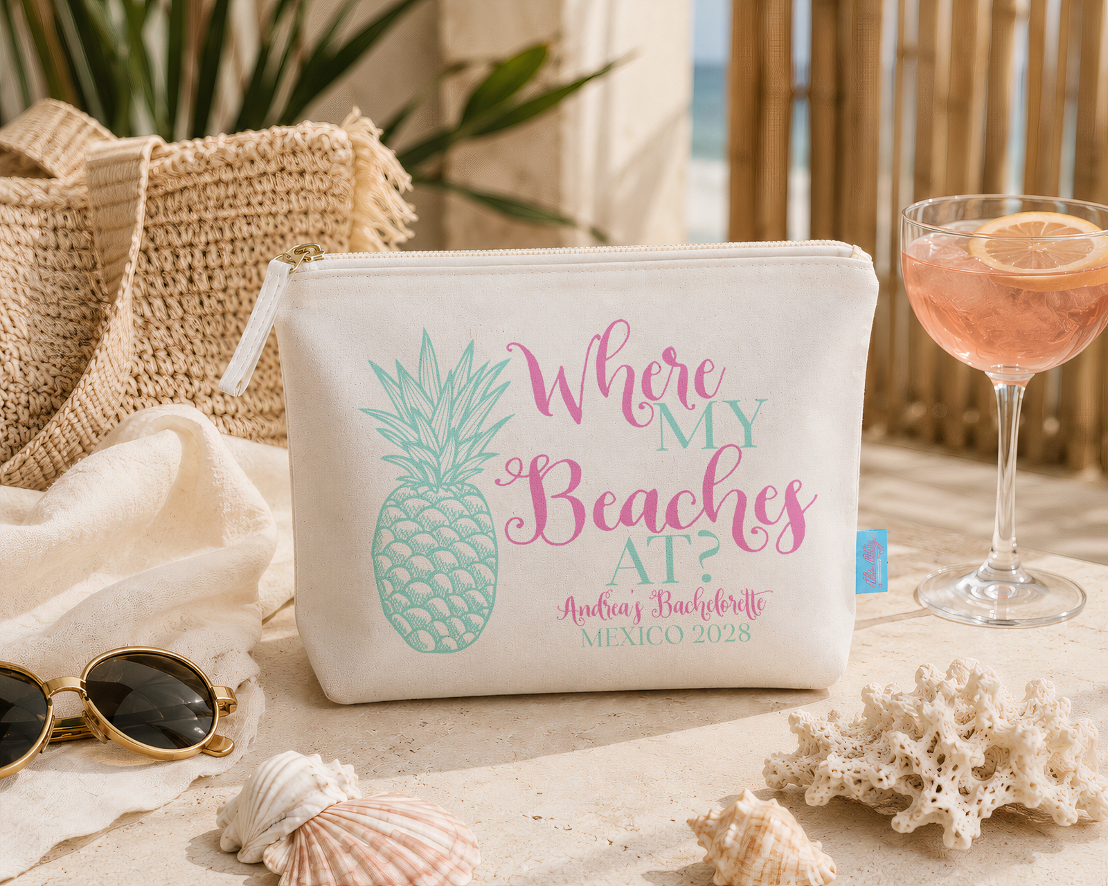 Beach Pineapple Personalized Canvas Makeup Bag for Bachelorette by Ilu.Lily