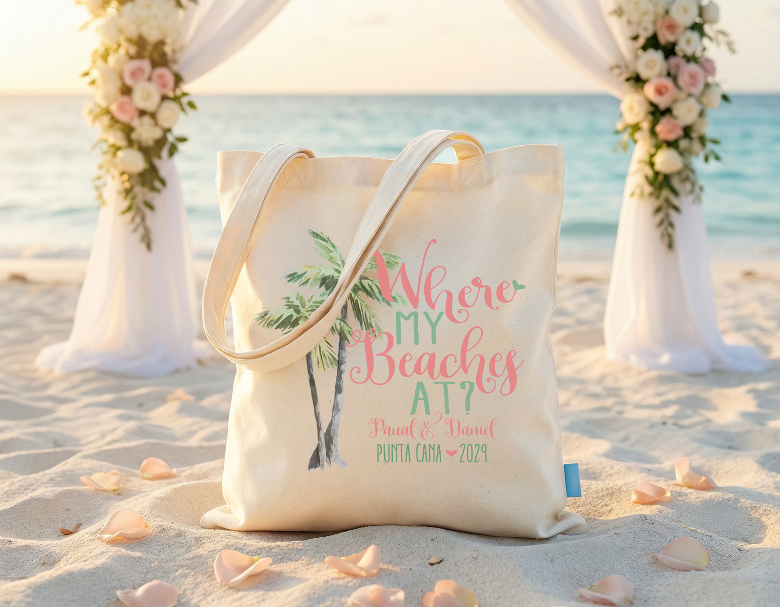 Bachelorette Party Beach Tote Bag | Destination Beach Wedding | Pretty Palm Trees Where My Beaches At?