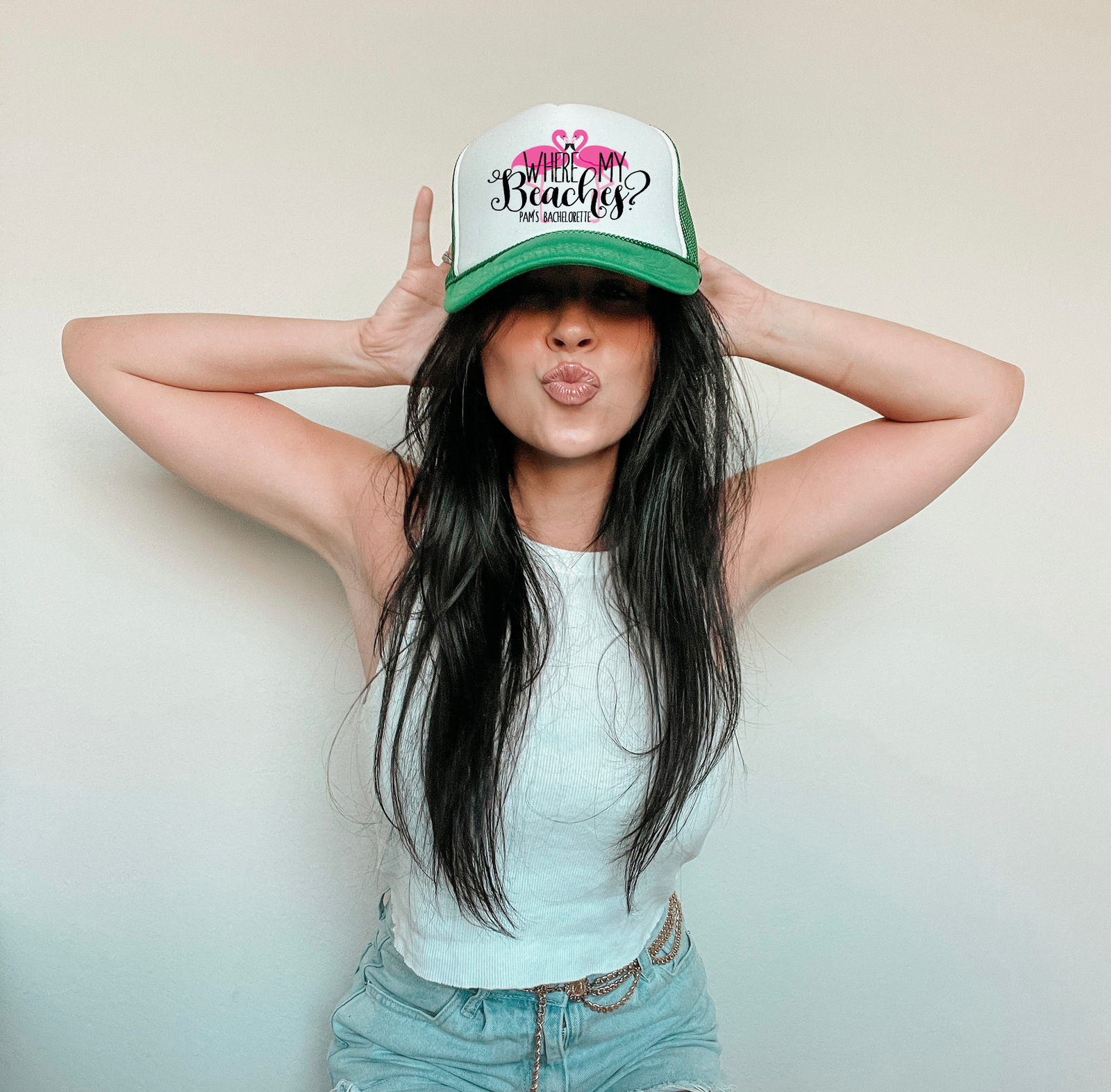 Beach Flamingo Custom Trucker Hat for Bachelorette Parties by Ilu.Lily