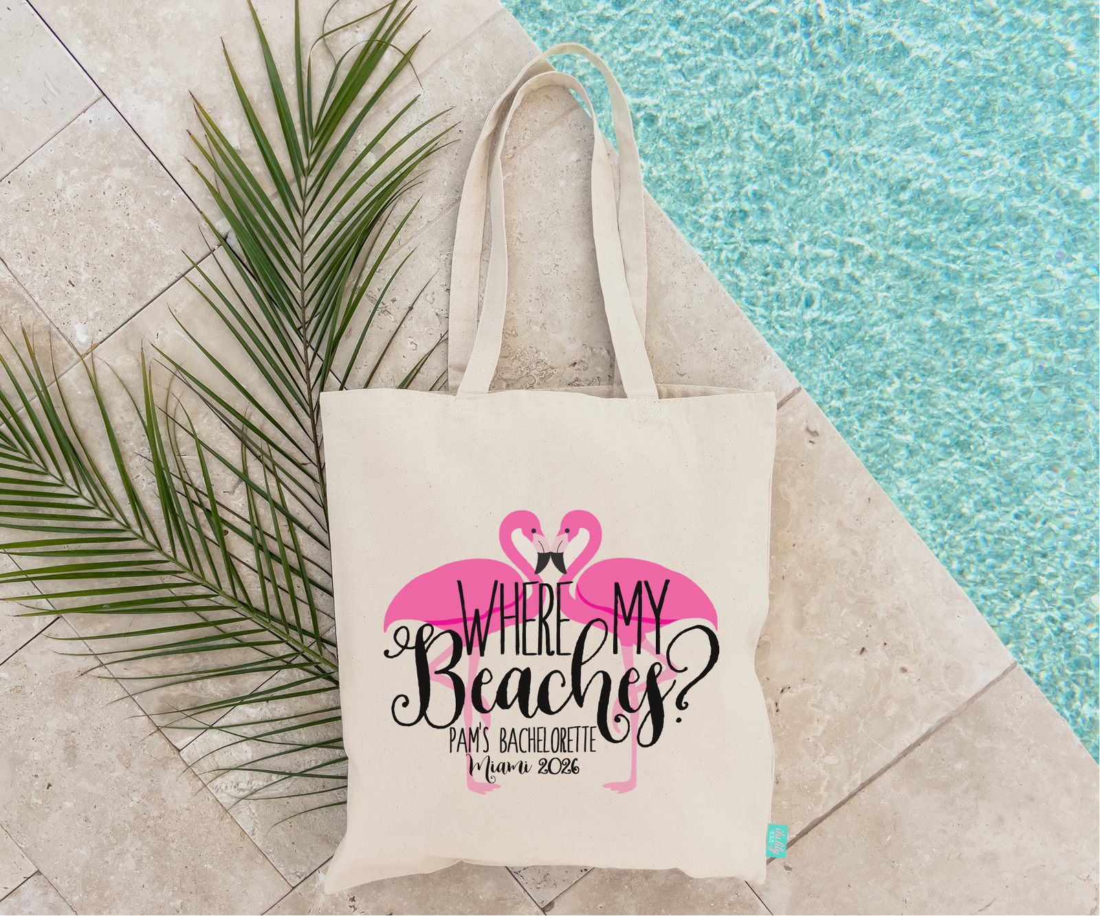Beach Flamingo Personalized Canvas Tote Bag for Bachelorette Parties by Ilu.Lily
