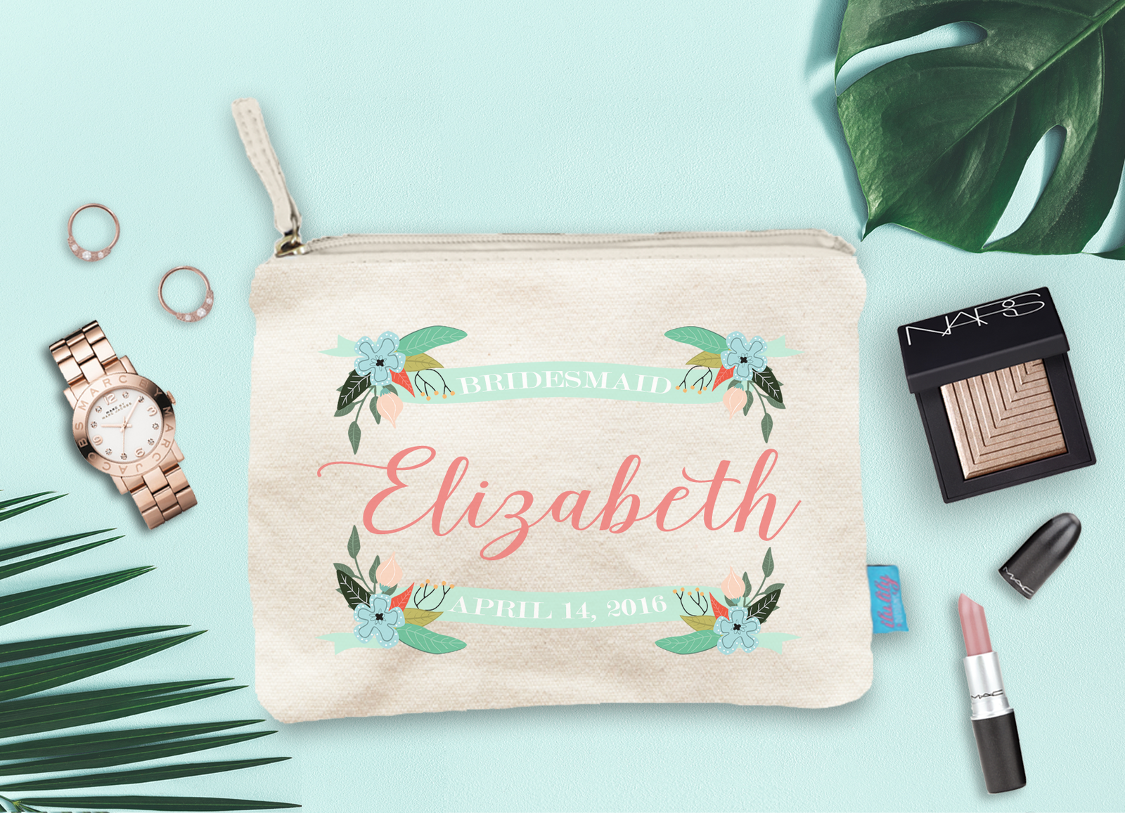 Bridal Party Makeup Bag | Floral Banner Blue