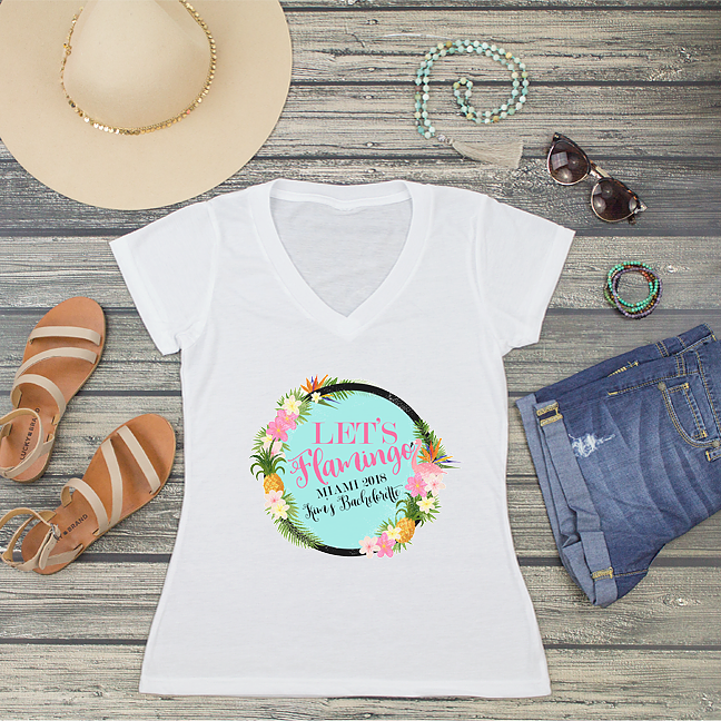 Bachelorette Party V-Neck T-Shirt | Beach Destination Bachelorette | Let's Flamingo