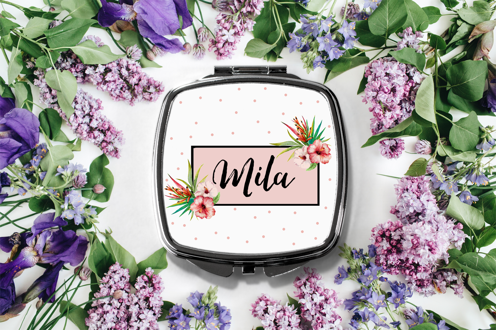 Bridesmaid Personalized Mirror Compact | Tropical Floral Name