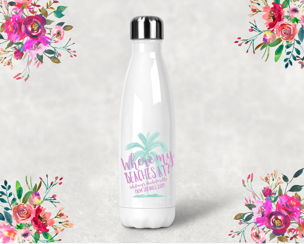 Bachelorette Party Water Bottle | Swell Style Water Bottle | Palm Tree Where My Beaches At?