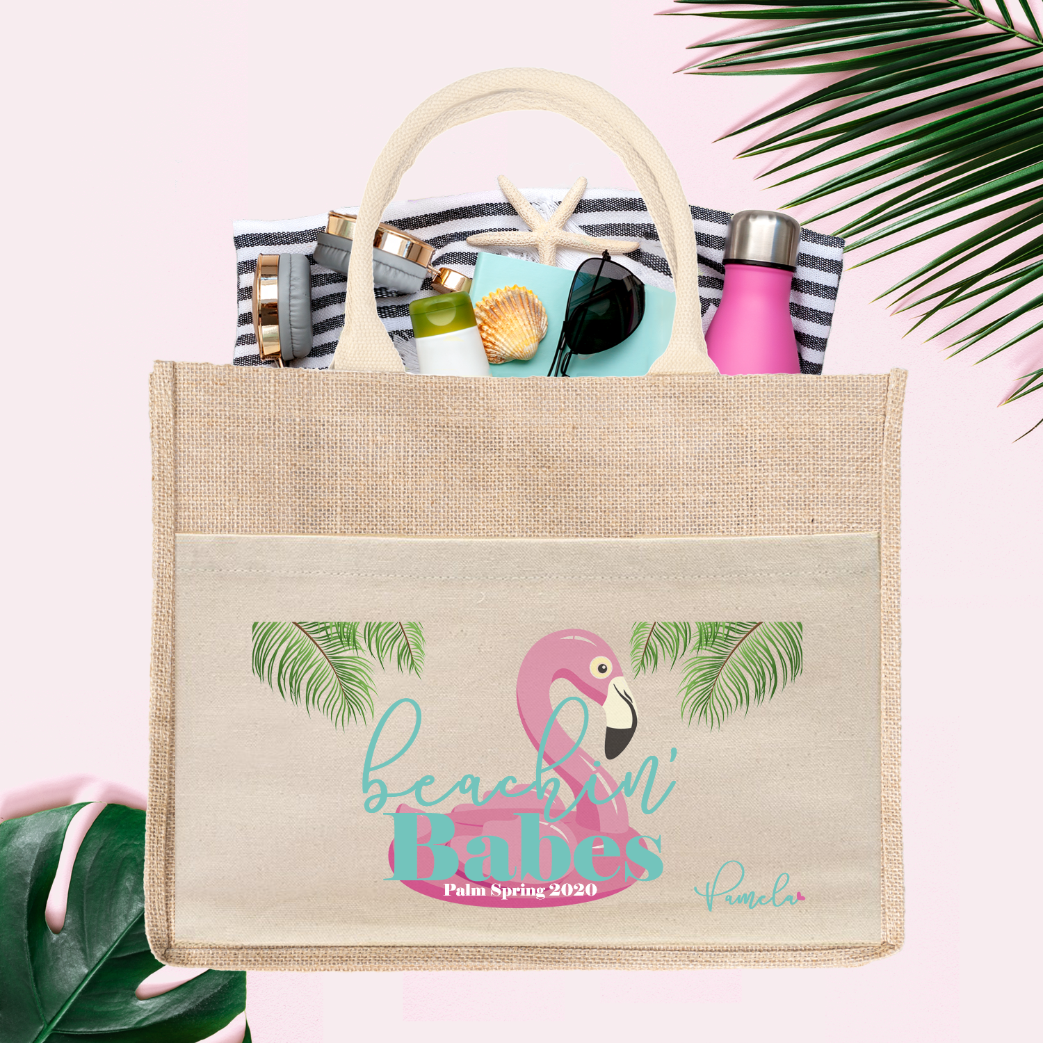 Bachelorette Party Burlap Jute Tote Bag Favor | Flamingo Float Beachin' Babes
