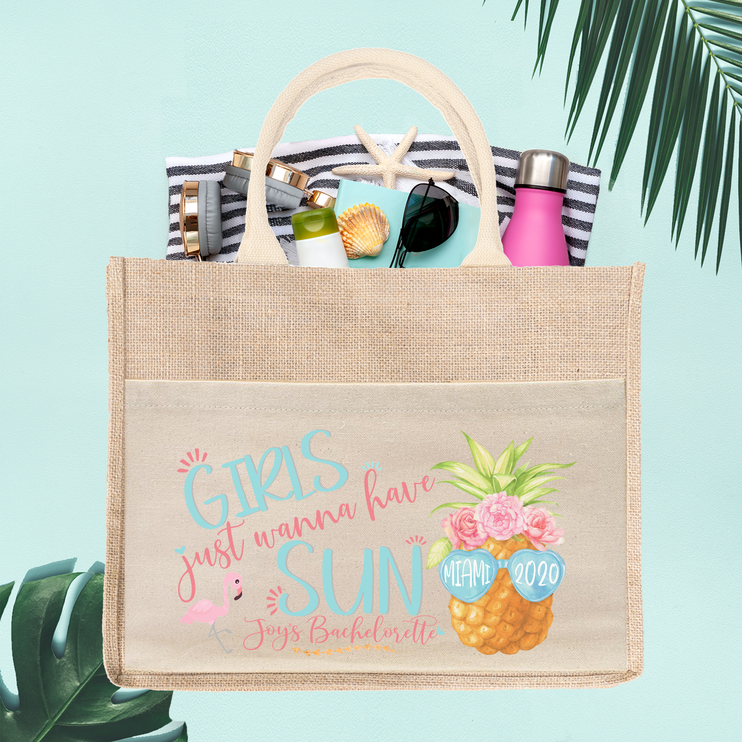 Bachelorette Party Burlap Jute Tote Bag Favor | Pineapple Shades Girls Just Wanna Have Sun