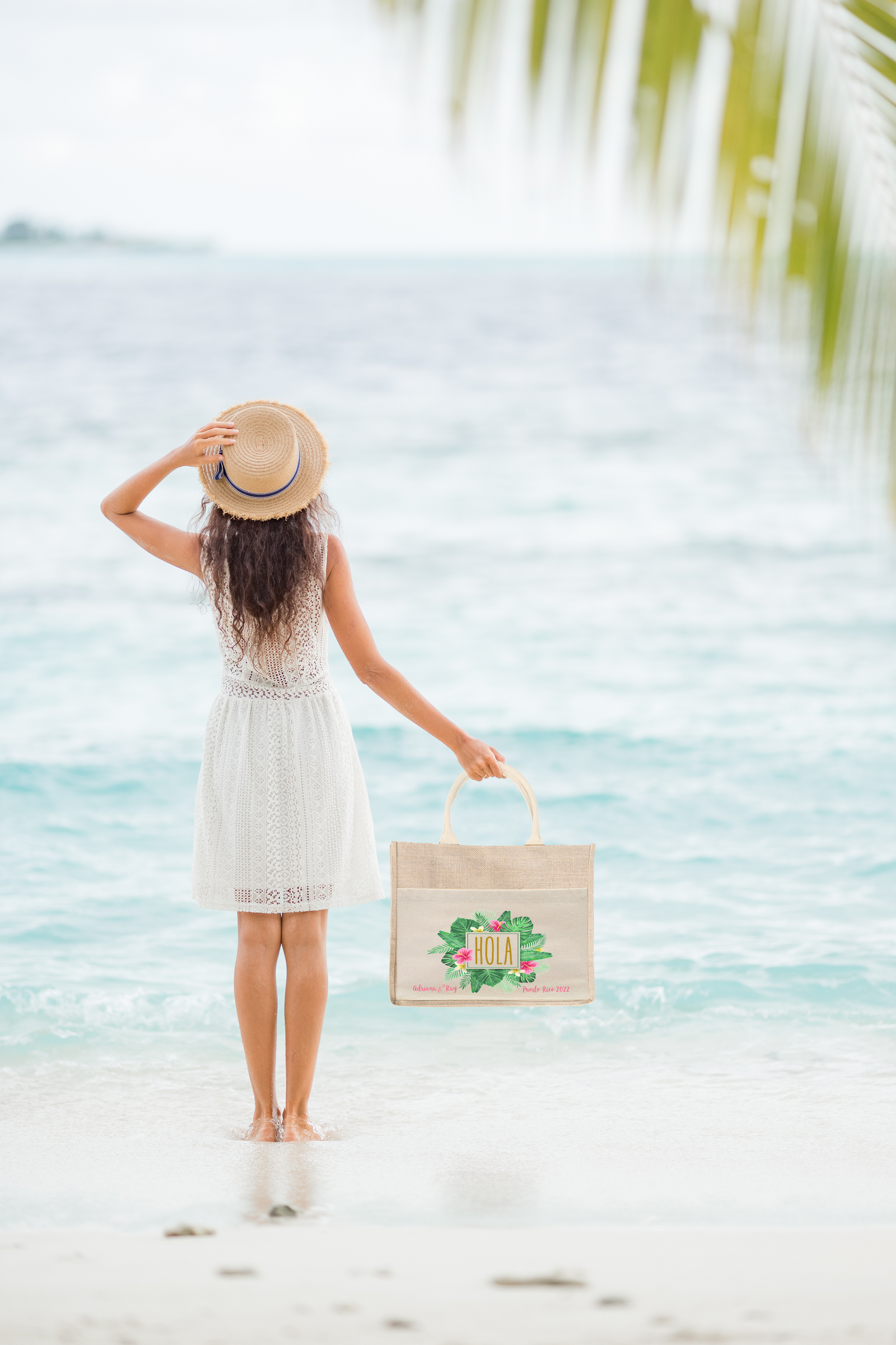 Hola Floral Wedding Welcome Bag | Bienvenidos Destination Wedding Tote Bag Burlap Jute Bag Favor