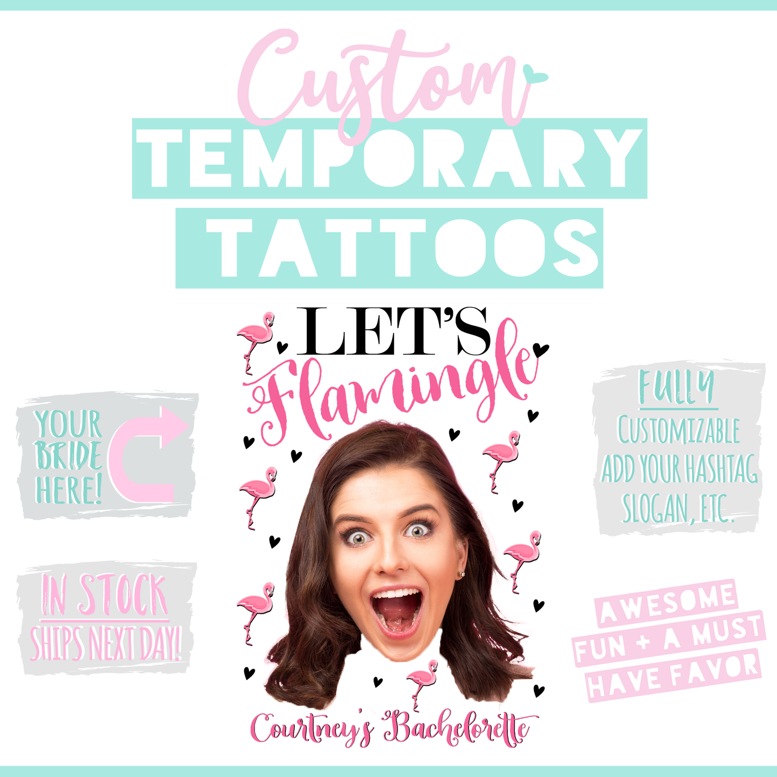 Custom Temporary Tattoo Bachelorette Party Favors | Let's Flamingle