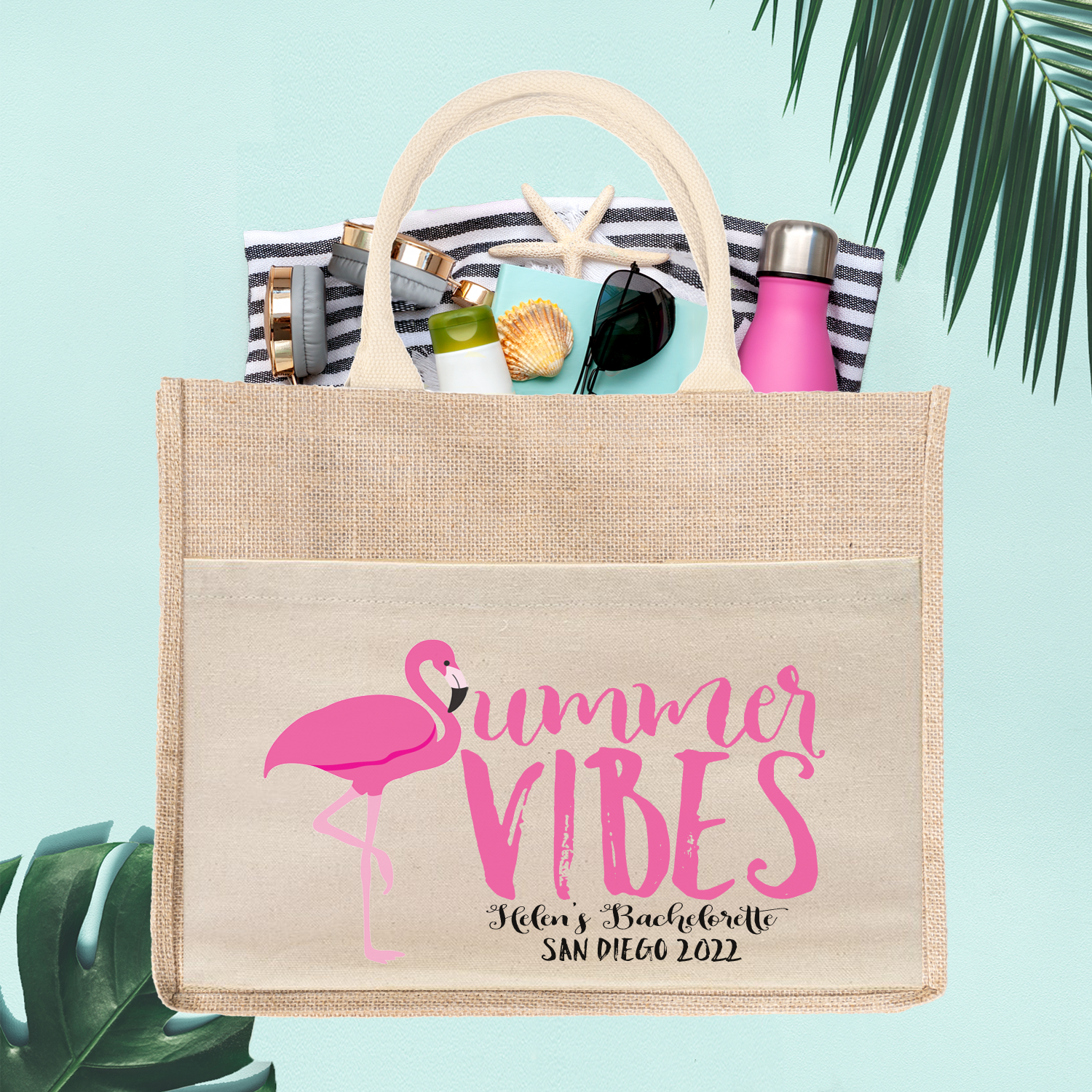Beach Bag | Bachelorette Party Burlap Jute Tote Bag Favor | Flamingo Summer Vibes