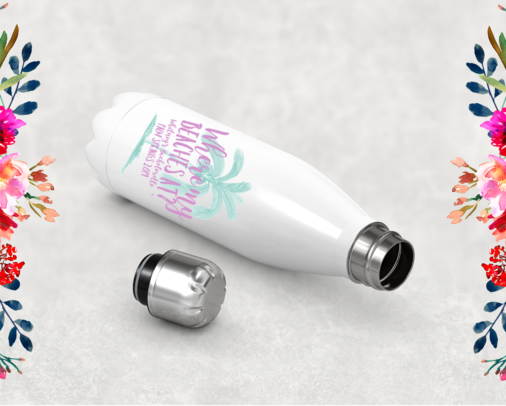 Bachelorette Party Water Bottle | Swell Style Water Bottle | Palm Tree Where My Beaches At?