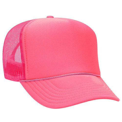 A bright pink mesh trucker hat with a pink band around the brim.