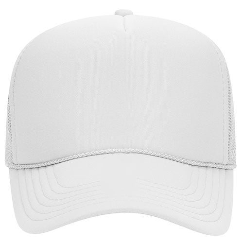 A plain white baseball cap with a mesh panel on the side.