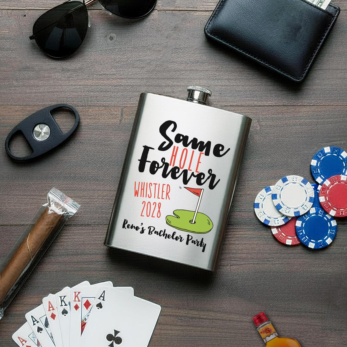 Personalized Flask | Custom Same Hole Forever Stainless Steel Flask  - Bachelor Golf Trip