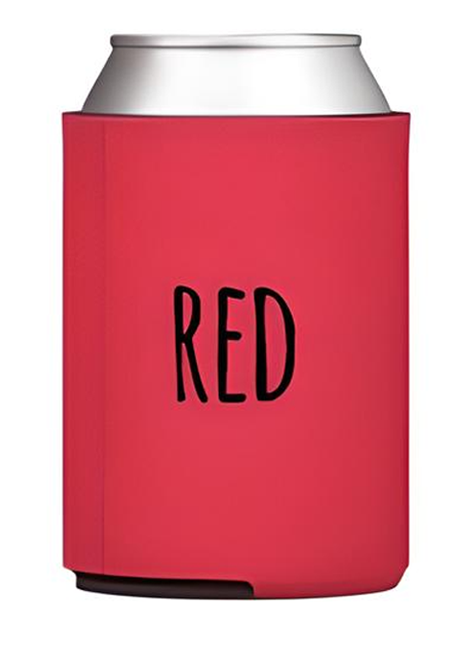 A red insulated can with the word "RED" printed on it.