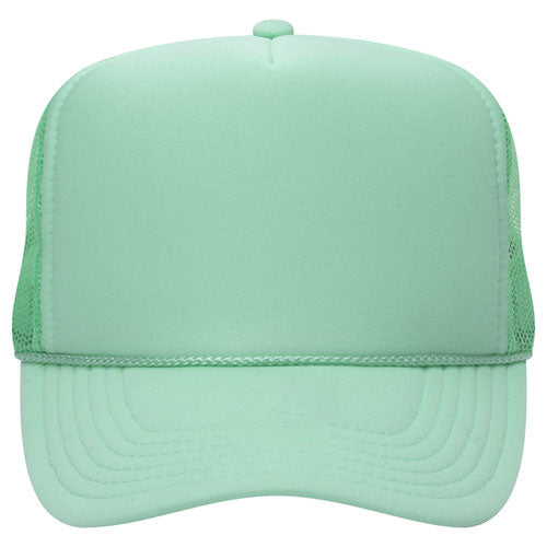A mint green baseball cap with a mesh panel on the side.