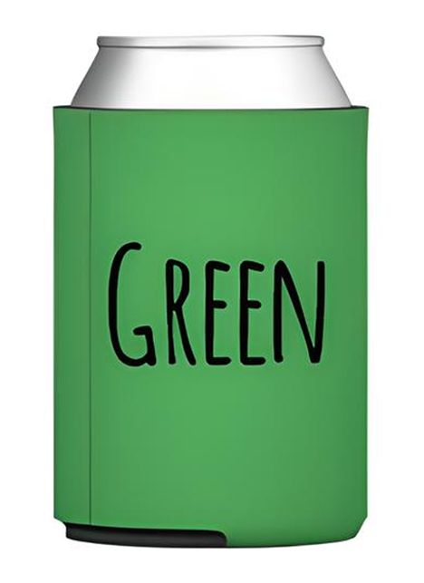 A green insulated can with the word "GREEN" printed on it.