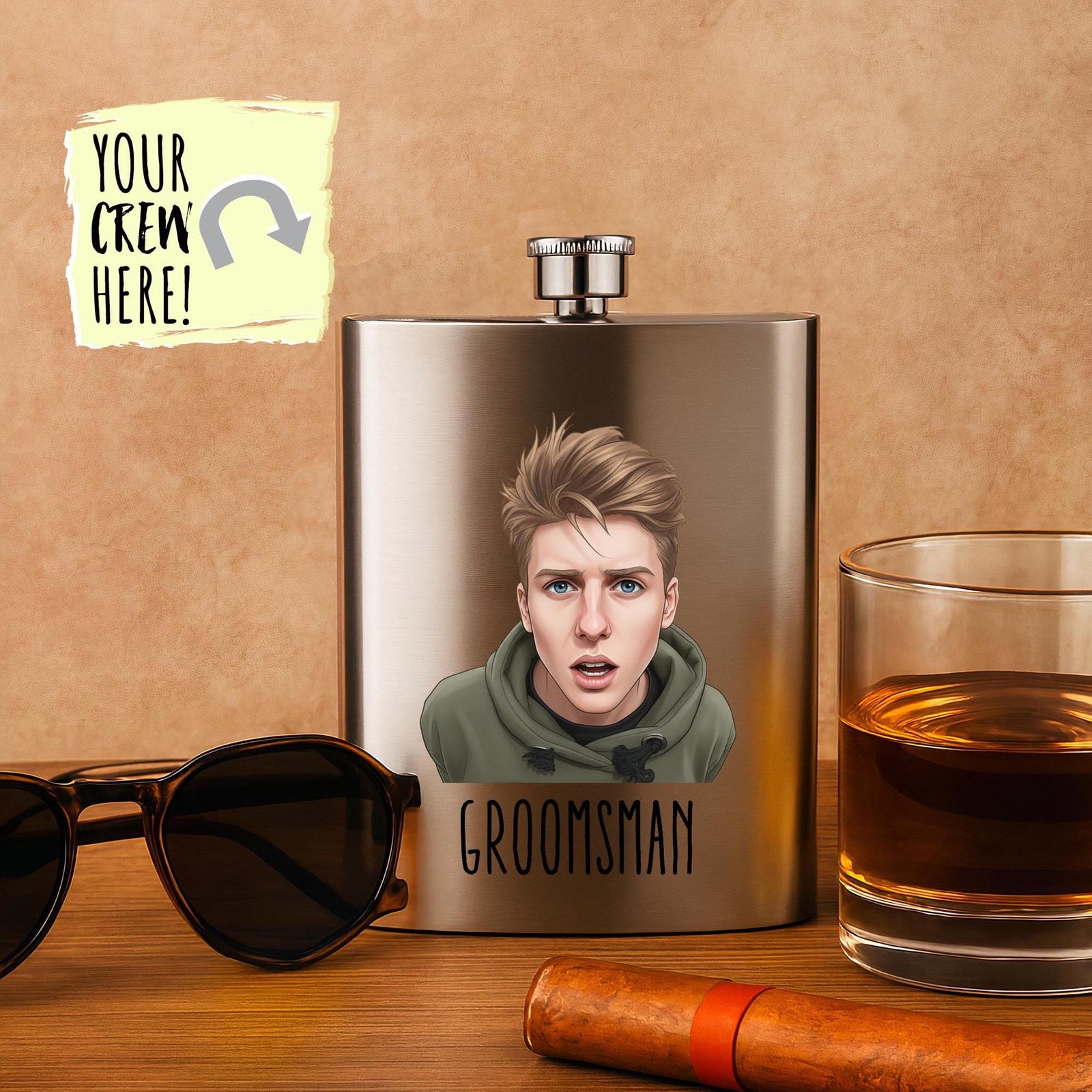 Custom Caricature Flask – Personalized Stainless Steel Pocket Size Gift for Bachelor Party