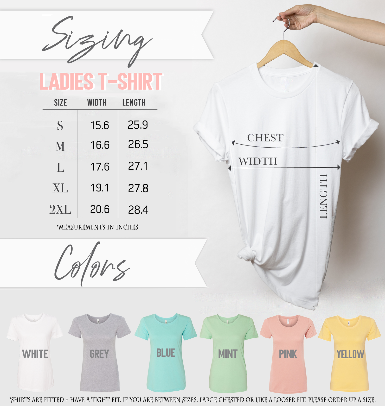 a white t-shirt with size and color information, along with a hand holding the t-shirt on a hanger.