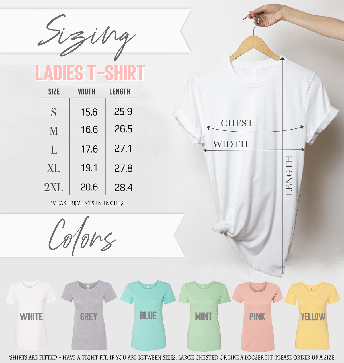 a white t-shirt with size and color information, along with a hand holding the t-shirt on a hanger.