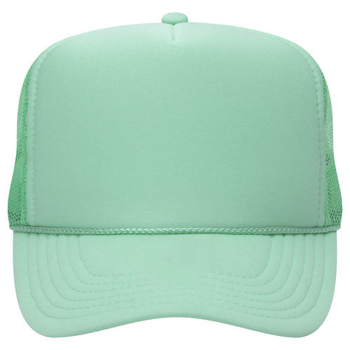 A mint green baseball cap with a mesh panel on the side.