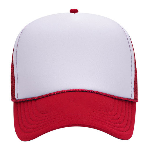 A red and white baseball cap with a white interior.
