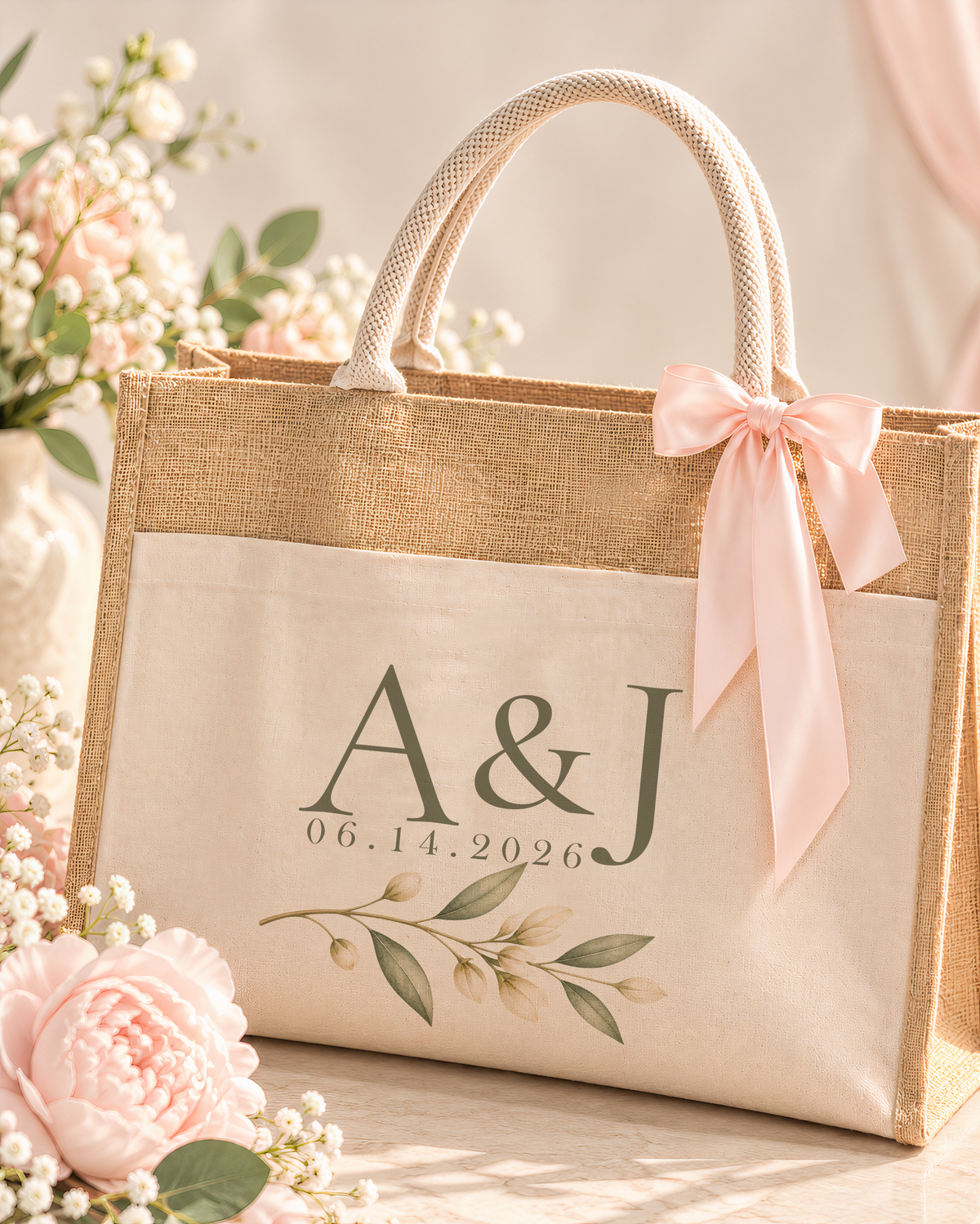 Botanical Wedding Jute Tote Bag | Personalized Wedding Welcome Bag