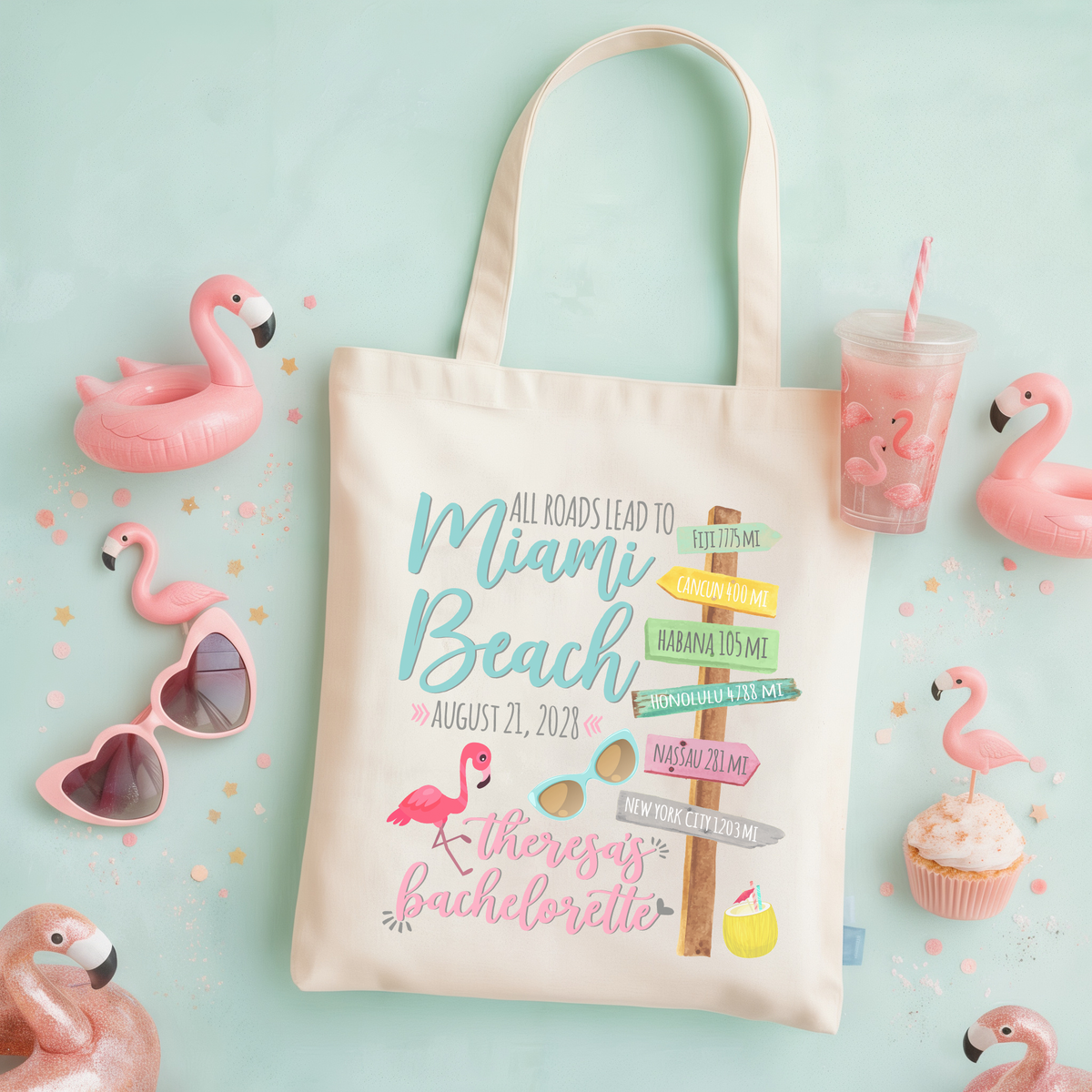 Miami Beach Personalized Canvas Tote Bag for Bachelorette Parties by Ilu.Lily