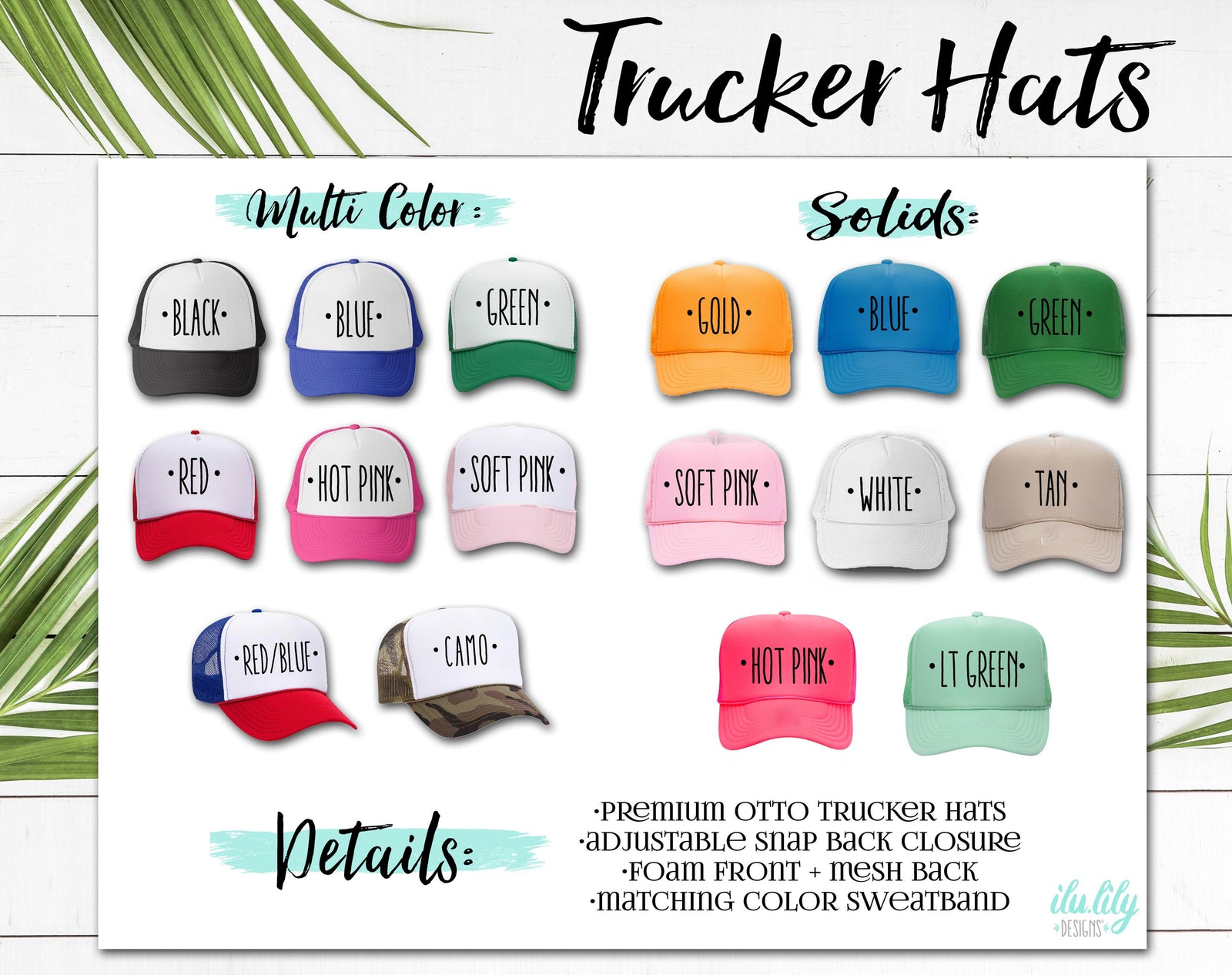 a collection of colorful trucker hats in various colors, including black, blue, green, gold, red, pink, soft pink, white, and tan. The hats are arranged in two columns, with the left column showcasing solid colors and the right column featuring multi-colored solid hats. The image also includes details about the hats, such as their adjustable snap back closure, foam front, mesh back, and matching color sweatbands.