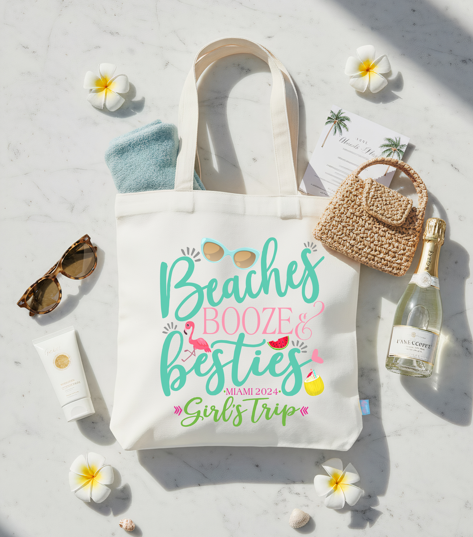 Bachelorette Party Beach Tote Bag | Beaches Booze Besties Girls Trip