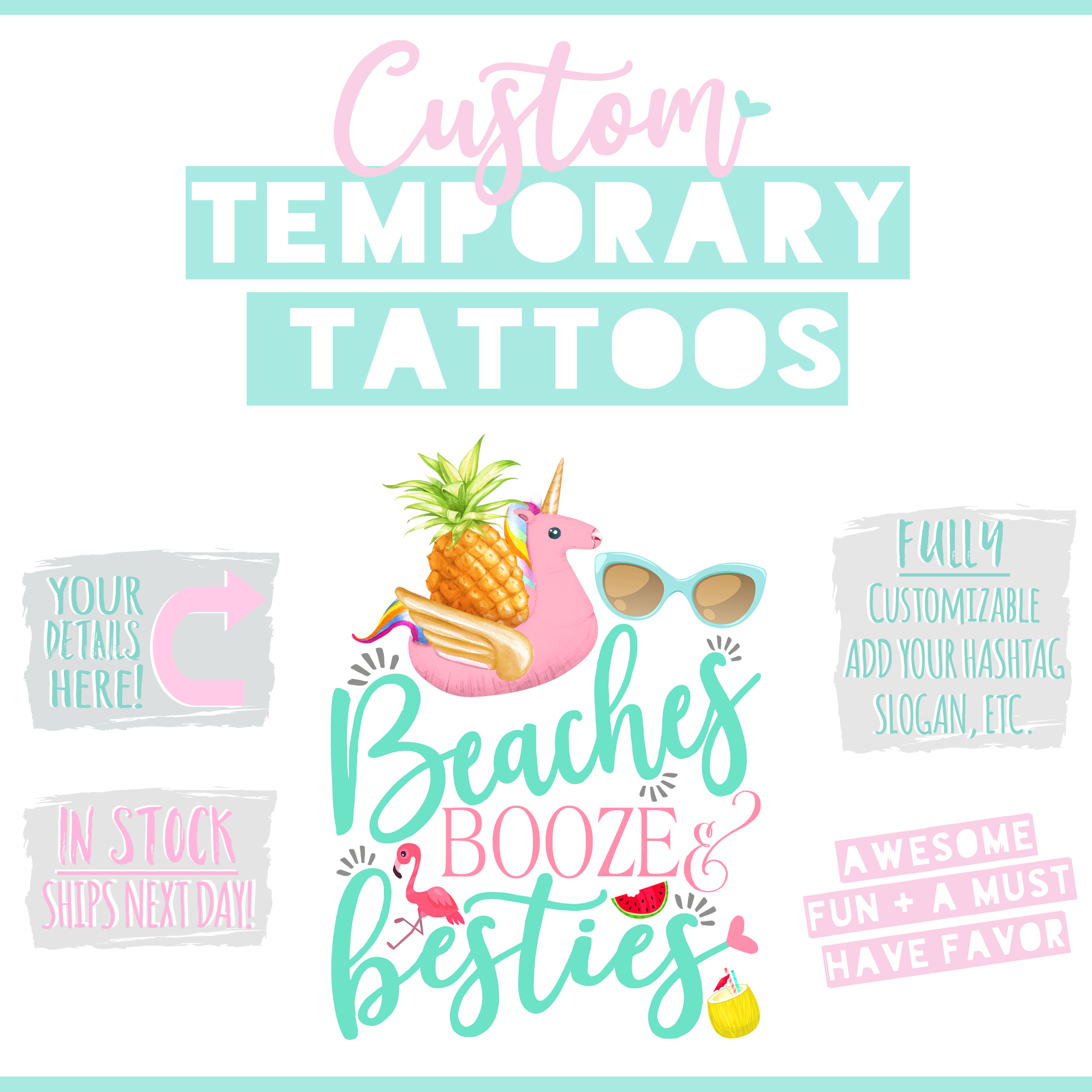 Custom Temporary Tattoo Bachelorette Party Favors | Beaches Booze & Besties