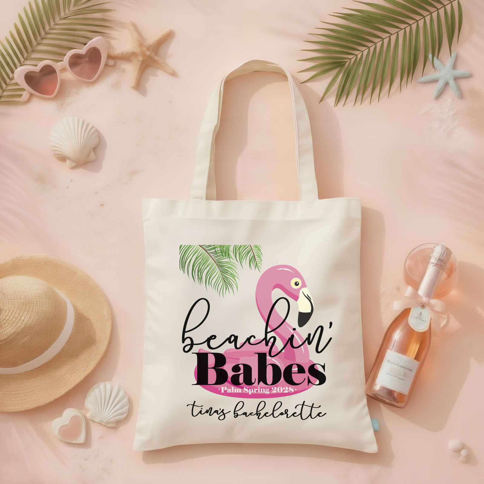 Beach Flamingo Personalized Canvas Tote Bag for Bachelorette Parties by Ilu.Lily