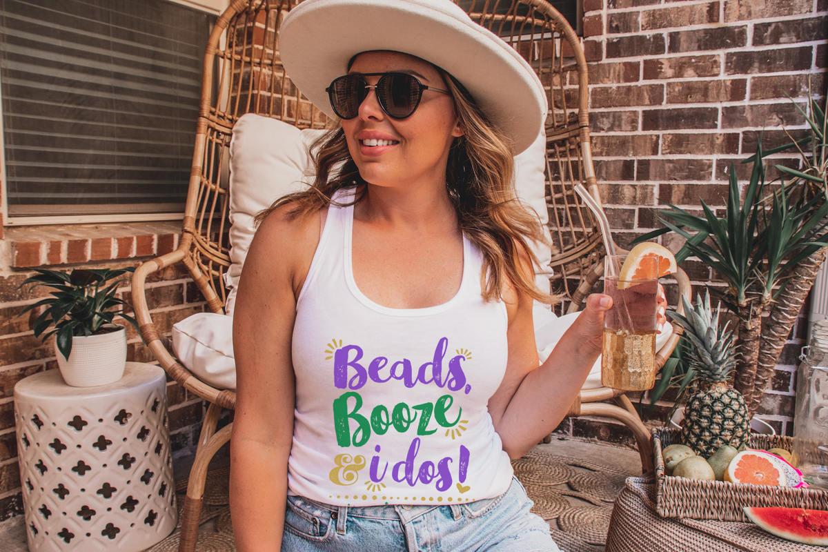 Bachelorette Party Racerback Tank Top | Mardi Gras Beads Booze Bachelorette Party